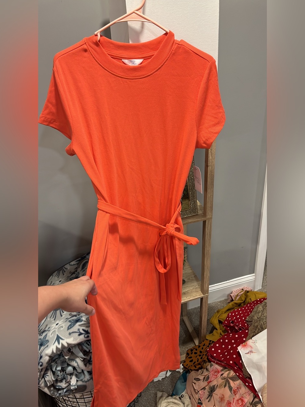 Time and Tru Orange Short Sleeve Tie-Waist Dress